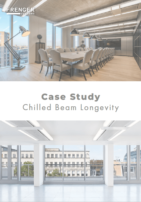 Chilled Beam Longevity Case Study Cover Featuring the title with an image of an office above and below, both fitted with Frenger Chilled Beams